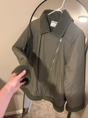 Old Navy Olive Green Sherpa Trim Asymmetrical Zip Jacket